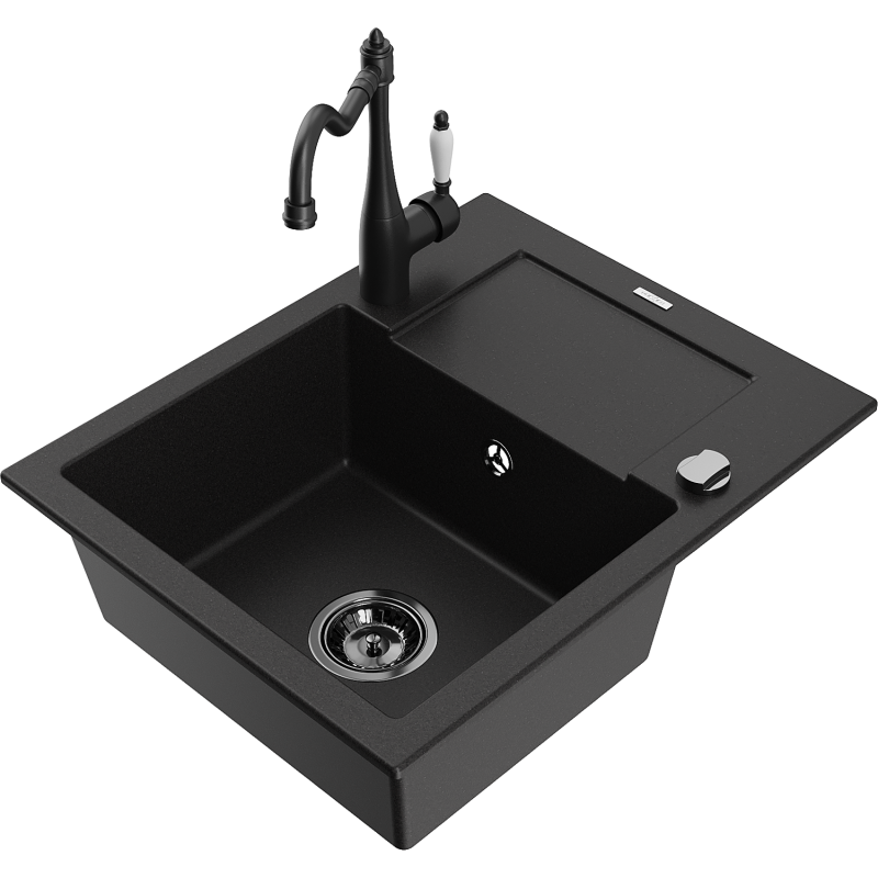 Mexen Enzo Granite Kitchen Sink 1-Bowl with Drainer and Carla Kitchen Tap, Black - 6506-77-670700-70-B