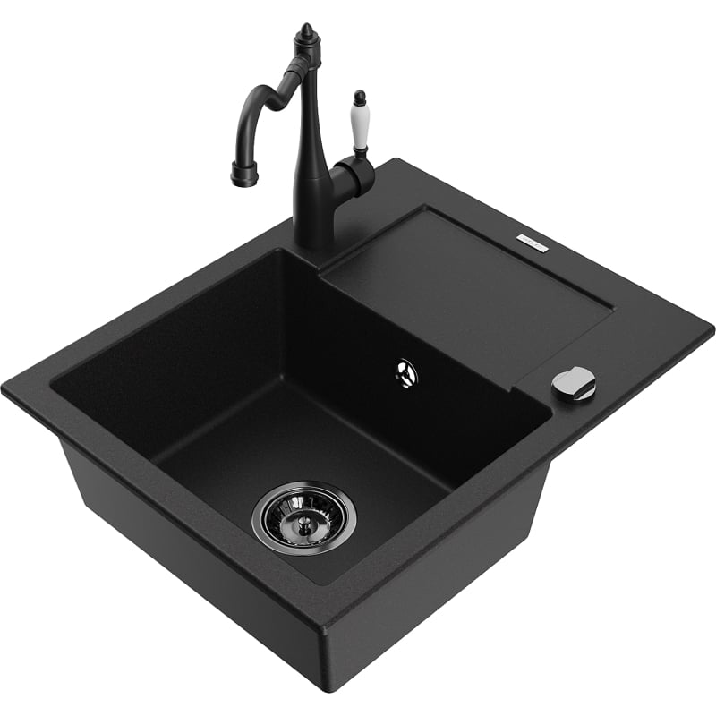 Mexen Enzo granite kitchen sink with 1 bowl, drainer, and Carla kitchen faucet, black - 6506-77-670700-70-B