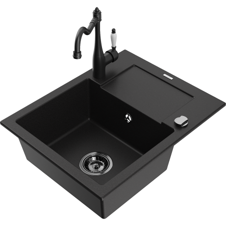 Mexen Enzo 1-Bowl Granite Sink with Drainer and Carla Kitchen Faucet, Black - 6506-77-670700-70-B