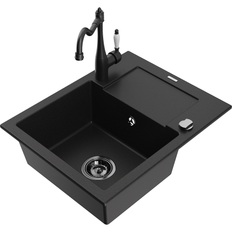 Mexen Enzo Granite Kitchen Sink 1-Bowl with Drainer and Carla Kitchen Tap, Black - 6506-77-670700-70-B
