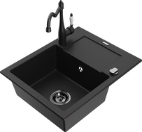 Mexen Enzo Granite Kitchen Sink 1-Bowl with Drainer and Carla Kitchen Tap, Black - 6506-77-670700-70-B