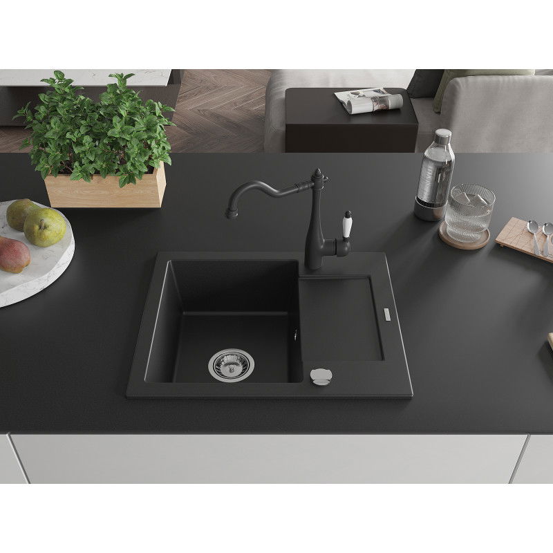 Mexen Enzo 1-compartment granite sink with a drip tray and kitchen mixer tap Carla, Black - 6506-77-670700-70