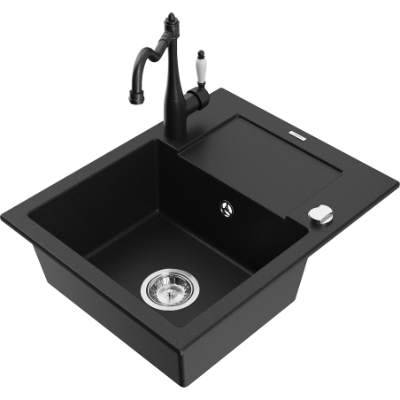 Mexen Enzo granite sink 1-bowl with drainer and kitchen faucet Carla, black - 6506-77-670700-70