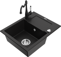 Mexen Enzo 1-compartment granite sink with a drip tray and kitchen mixer tap Carla, Black - 6506-77-670700-70