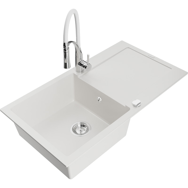 Mexen Leo granite kitchen sink 1-bowl with drainer and Aster kitchen faucet, white - 6501-20-73450-02