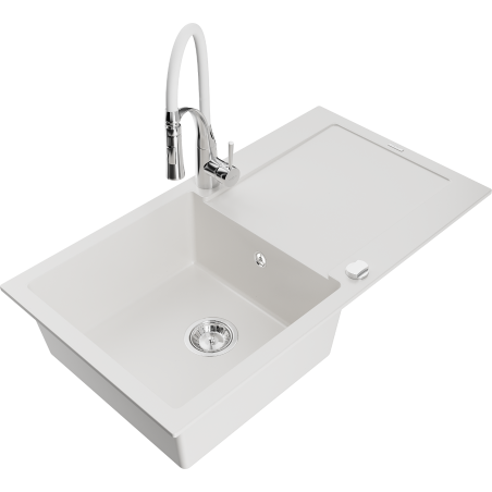 Mexen Leo 1-compartment granite sink with a drip tray and kitchen mixer tap Aster, White - 6501-20-73450-02