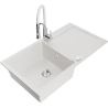 Mexen Leo granite kitchen sink with 1-bowl, drainer, and Aster kitchen faucet, white - 6501-20-73450-02