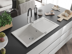 Mexen Leo granite sink 1-bowl with drainer and Aster kitchen faucet, white - 6501-20-73450-07