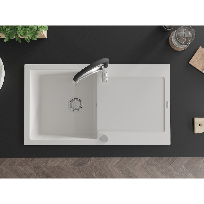 Mexen Leo granite kitchen sink single-bowl with drainer and Aster kitchen faucet, white - 6501-20-73450-07