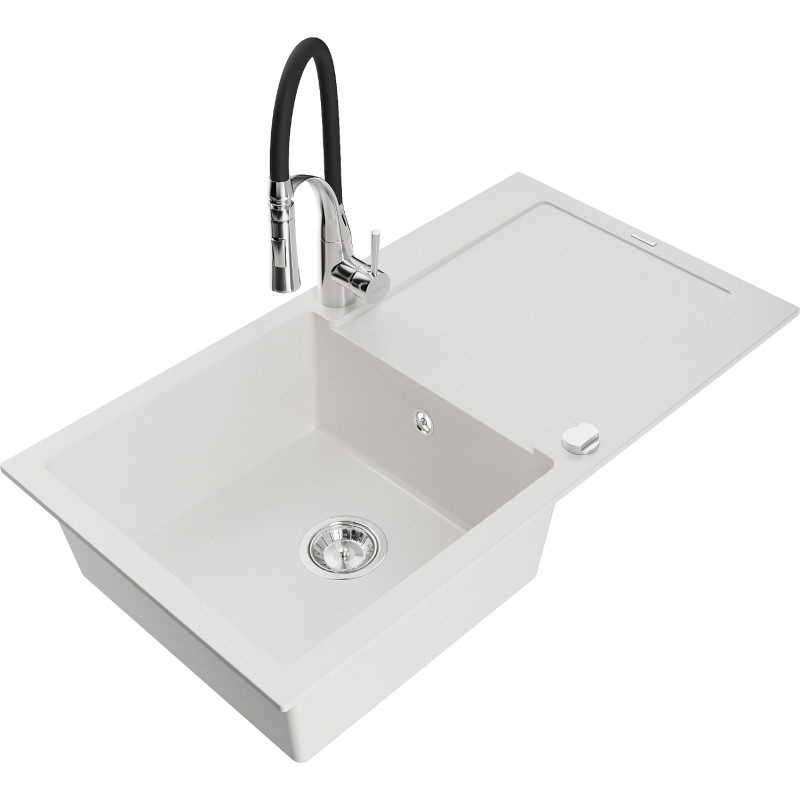 Mexen Leo granite sink 1-bowl with drainer and Aster kitchen faucet, white - 6501-20-73450-07