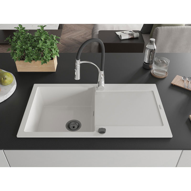 Mexen Leo 1-bowl granite sink with drainer and Aster kitchen tap, white - 6501-20-73450-07-B