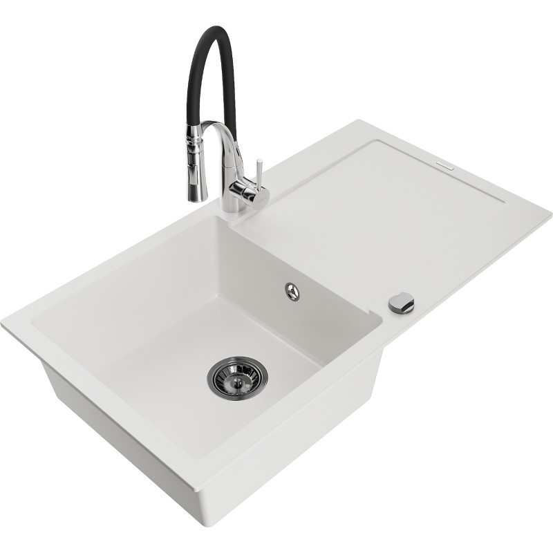 Mexen Leo 1-bowl granite kitchen sink with drainer and Aster faucet, white - 6501-20-73450-07-B