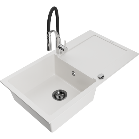 Mexen Leo granite sink 1-bowl with drainer and Aster kitchen faucet, white - 6501-20-73450-07-B