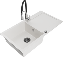 Mexen Leo 1-bowl granite sink with drainer and Aster kitchen tap, white - 6501-20-73450-07-B
