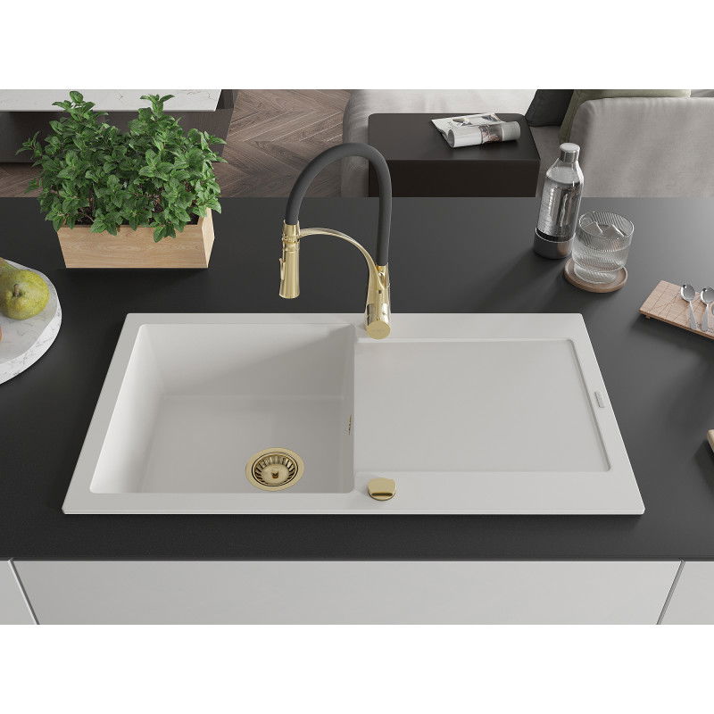 Mexen Leo 1-bowl granite sink with drainer and Aster kitchen tap, white - 6501-20-73450-57-G