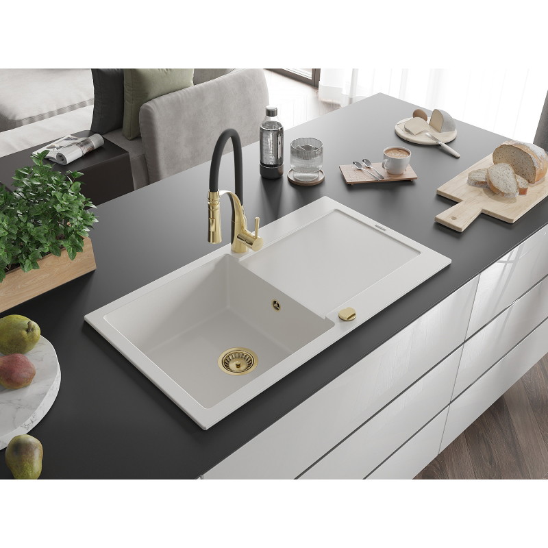 Mexen Leo granite kitchen sink 1-bowl with drainer and kitchen faucet Aster, white - 6501-20-73450-57-G