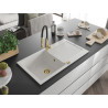Mexen Leo 1-bowl granite sink with drainer and Aster kitchen faucet, white - 6501-20-73450-57-G