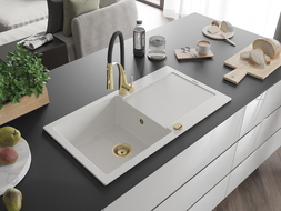 Mexen Leo 1-compartment granite sink with a drip tray and kitchen mixer tap Aster, White - 6501-20-73450-57-G