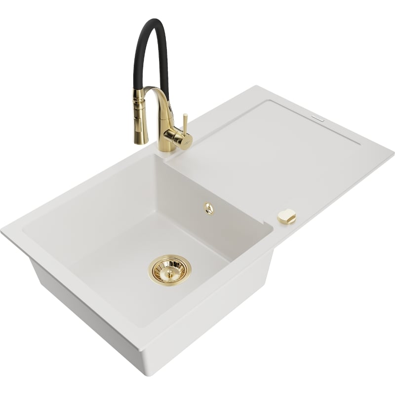 Mexen Leo 1-bowl granite sink with drainer and Aster kitchen faucet, white - 6501-20-73450-57-G