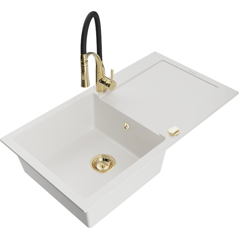 Mexen Leo granite kitchen sink 1-bowl with drainer and kitchen faucet Aster, white - 6501-20-73450-57-G