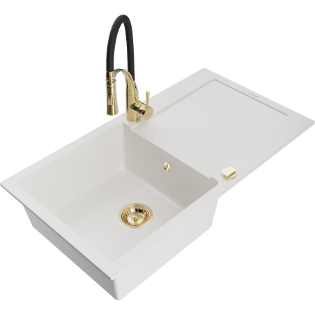 Mexen Leo 1-compartment granite sink with a drip tray and kitchen mixer tap Aster, White - 6501-20-73450-57-G