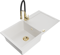 Mexen Leo 1-compartment granite sink with a drip tray and kitchen mixer tap Aster, White - 6501-20-73450-57-G