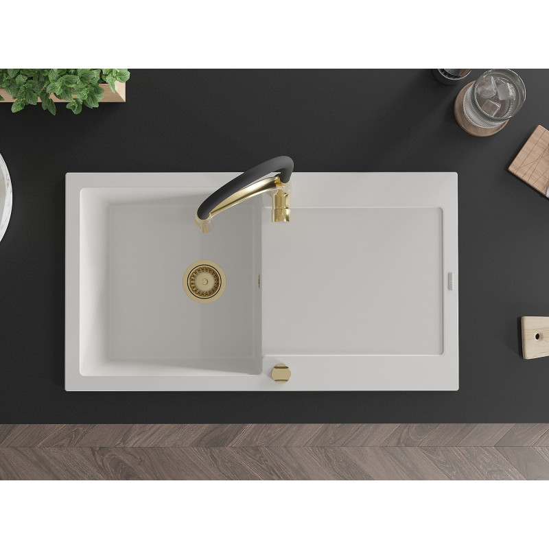 Mexen Leo 1-bowl granite sink with drainer and Aster kitchen faucet, white - 6501-20-73450-57-G