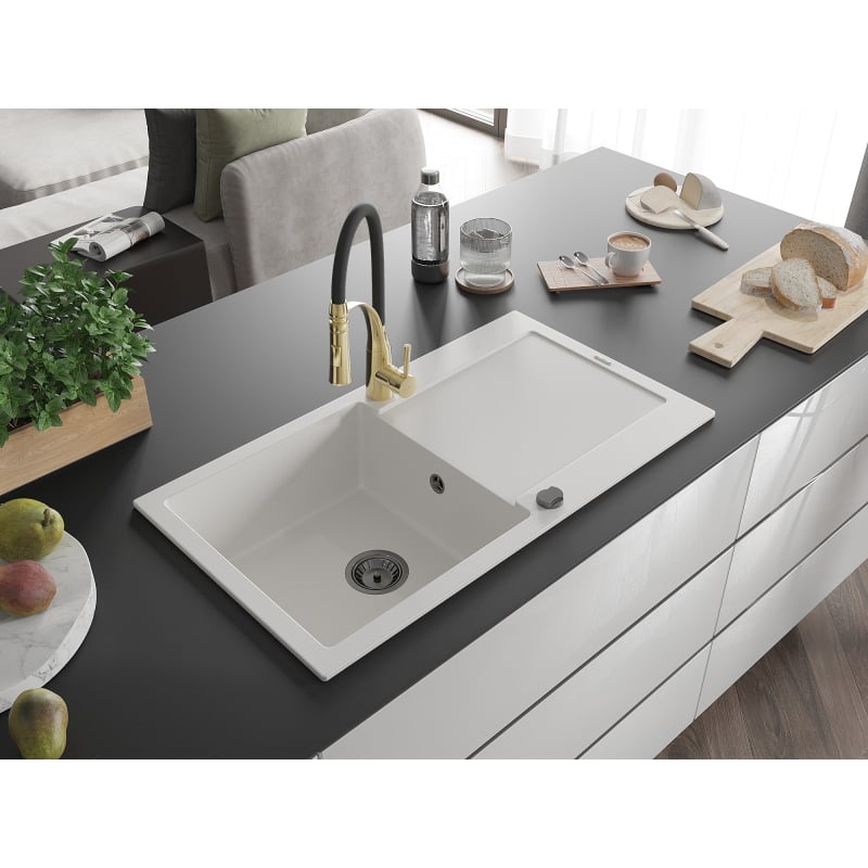 Mexen Leo granite kitchen sink with 1 bowl, drainer, and Aster kitchen faucet, white - 6501-20-73450-57-B