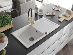 Mexen Leo granite kitchen sink 1-bowl with drainer and Aster kitchen tap, white - 6501-20-73450-57-B