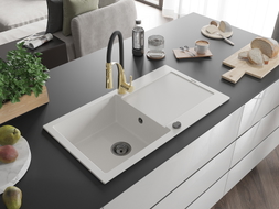 Mexen Leo granite sink 1-chamber with drainer and kitchen faucet Aster, white - 6501-20-73450-57-B