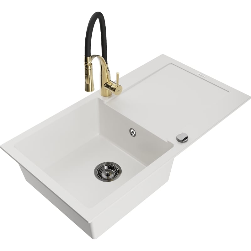 Mexen Leo granite kitchen sink with 1 bowl, drainer, and Aster kitchen faucet, white - 6501-20-73450-57-B