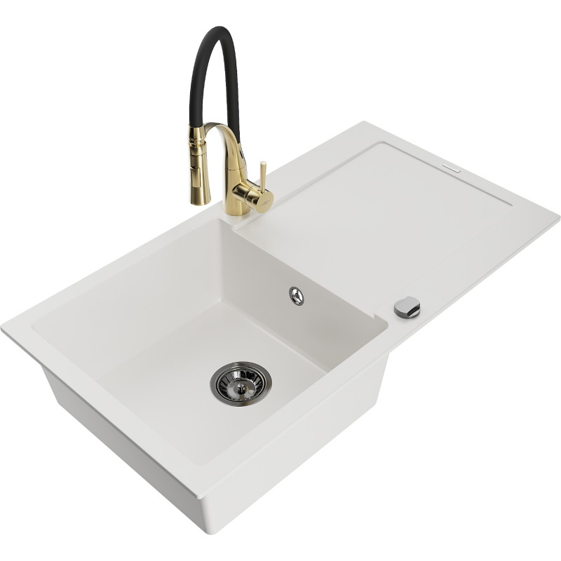 Mexen Leo granite sink 1-chamber with drainer and kitchen faucet Aster, white - 6501-20-73450-57-B