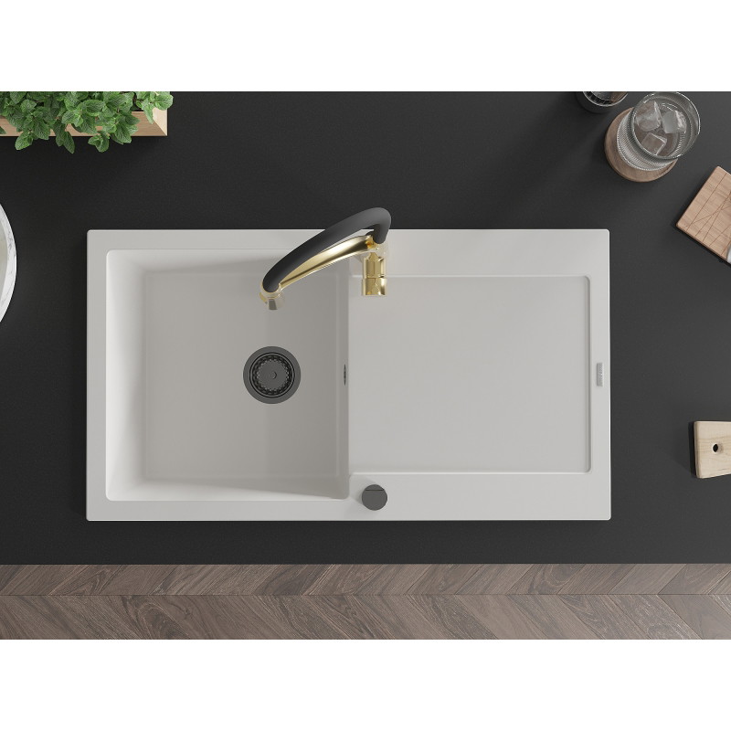 Mexen Leo granite sink 1-chamber with drainer and kitchen faucet Aster, white - 6501-20-73450-57-B