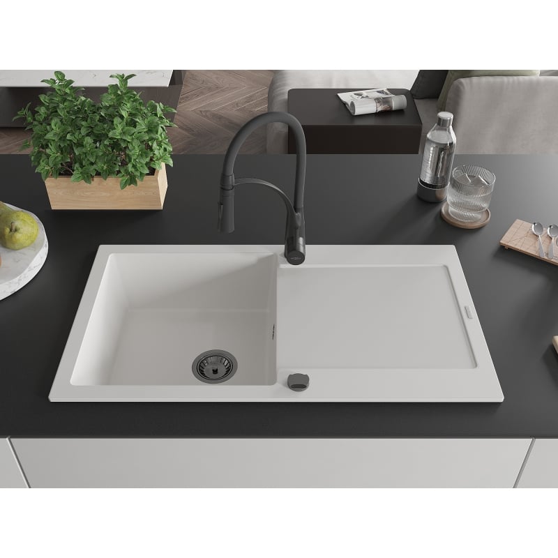 Mexen Leo granit sink single-bowl with drainer and Aster kitchen faucet, white - 6501-20-73450-70-B