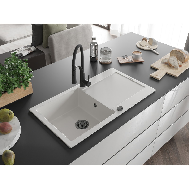 Mexen Leo granit sink single-bowl with drainer and Aster kitchen faucet, white - 6501-20-73450-70-B