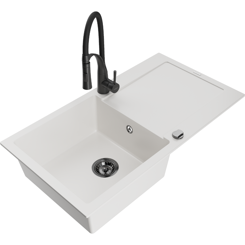 Mexen Leo 1-compartment granite sink with a drip tray and kitchen mixer tap Aster, White - 6501-20-73450-70-B