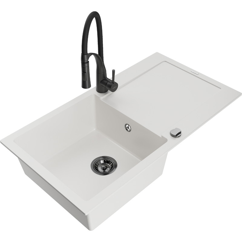 Mexen Leo granit sink single-bowl with drainer and Aster kitchen faucet, white - 6501-20-73450-70-B