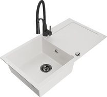 Mexen Leo 1-basin granite sink with drainer and Aster kitchen faucet, white - 6501-20-73450-70-B