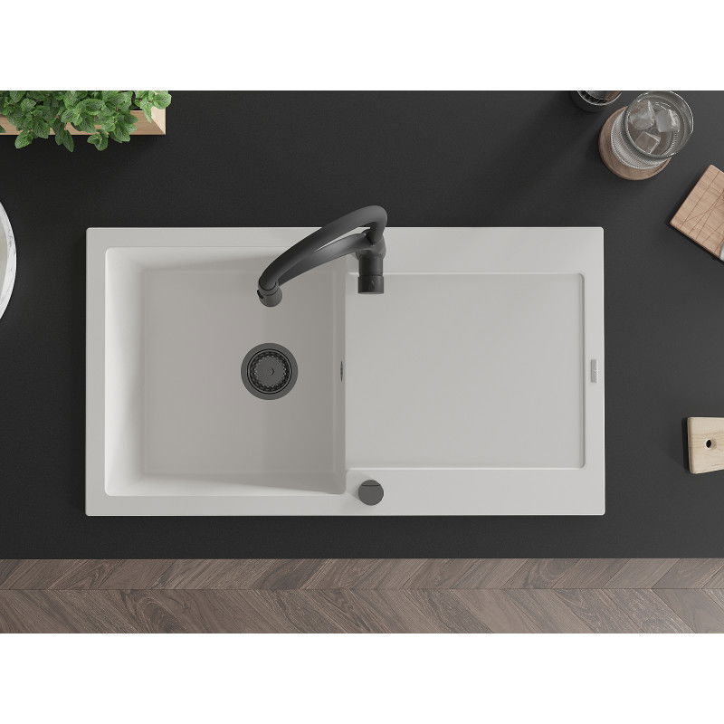 Mexen Leo granite sink 1-bowl with drainer and Aster kitchen tap, white - 6501-20-73450-70-B