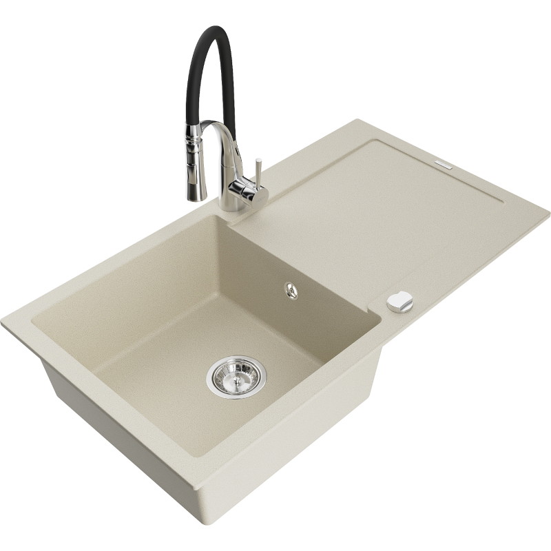 Mexen Leo granite kitchen sink 1-bowl with drainer and kitchen faucet Aster, beige - 6501-69-73450-07