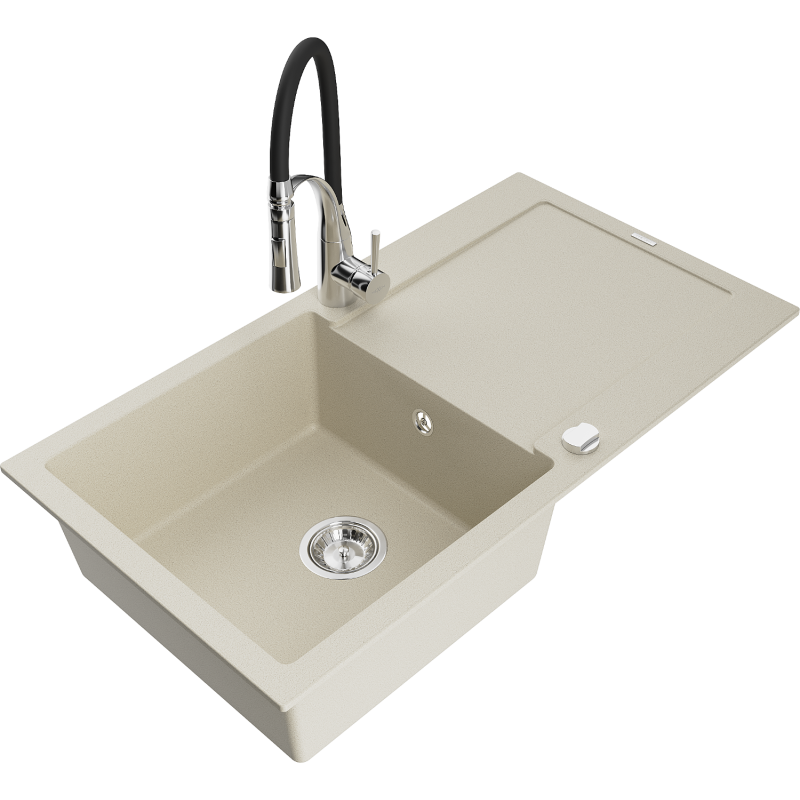 Mexen Leo granite sink 1-bowl with drainer and Aster kitchen tap, beige - 6501-69-73450-07