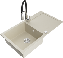 Mexen Leo 1-bowl granite sink with drainer and Aster kitchen faucet, beige - 6501-69-73450-07