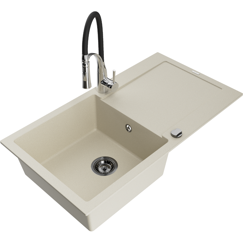 Mexen Leo 1-bowl granite sink with drainer and Aster kitchen tap, beige - 6501-69-73450-07-B