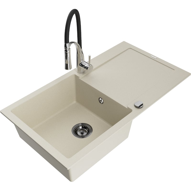 Mexen Leo granite single-bowl sink with drainer and Aster kitchen faucet, beige - 6501-69-73450-07-B