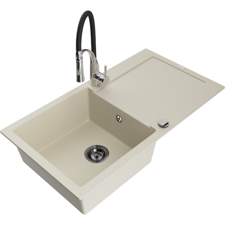 Mexen Leo 1-bowl granite sink with drainer and Aster kitchen tap, beige - 6501-69-73450-07-B