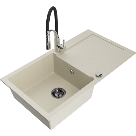 Mexen Leo 1-compartment granite sink with a drip tray and kitchen mixer tap Aster, Beige - 6501-69-73450-07-B