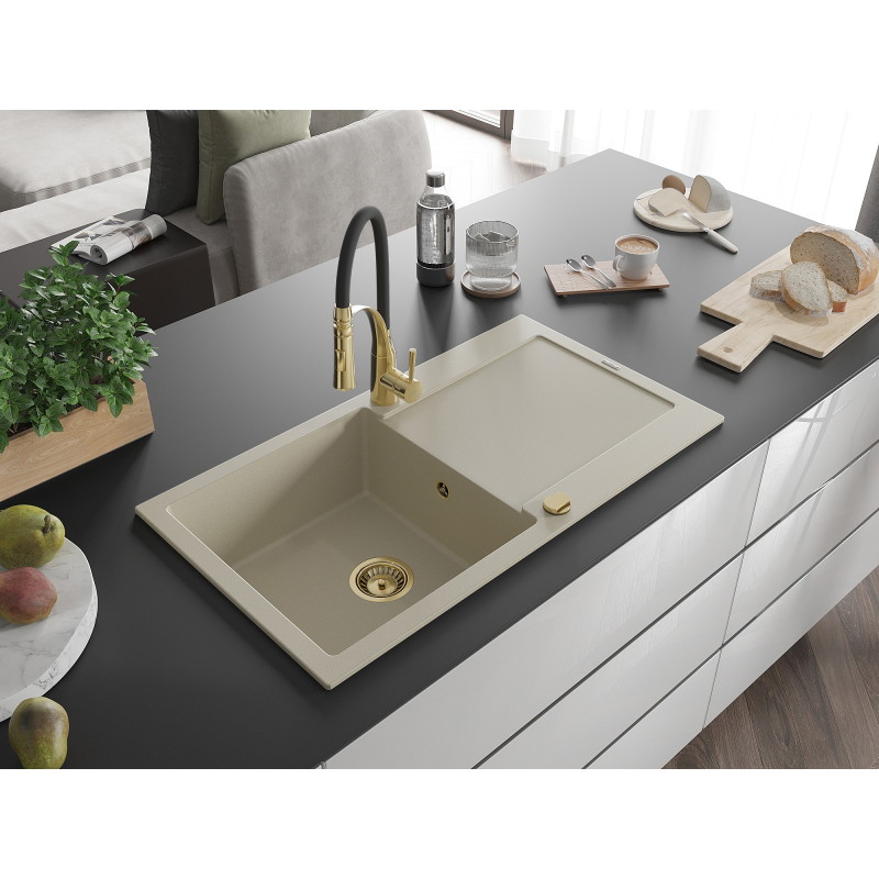 Mexen Leo 1-bowl granite sink with drainer and Aster kitchen faucet, beige - 6501-69-73450-57-G