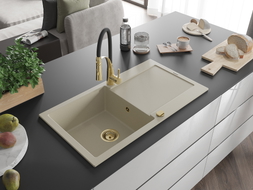 Mexen Leo 1-bowl granite sink with drainer and Aster kitchen faucet, beige - 6501-69-73450-57-G