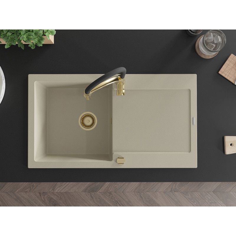Mexen Leo granite sink single-bowl with drainer and Aster kitchen tap, beige - 6501-69-73450-57-G