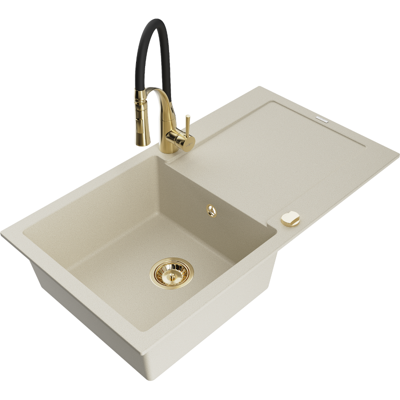 Mexen Leo granite sink single-bowl with drainer and Aster kitchen tap, beige - 6501-69-73450-57-G